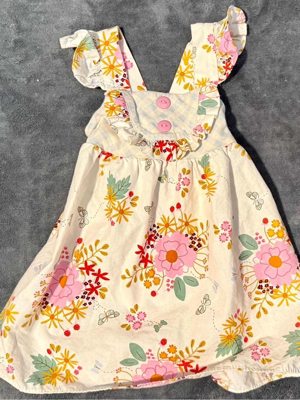 Ricrac & Ruffles Girls' Cream Floral Sundress with Pink Accents 12M